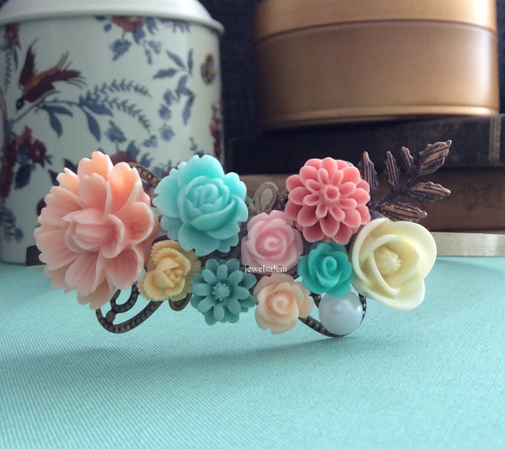 Mariage - Wedding Headband Bridal Headpiece Floral Collage Peach Pink Mint Aqua Teal Turquoise Blue Ivory Flower Pastel Colors Soft Romantic H1 WR PM