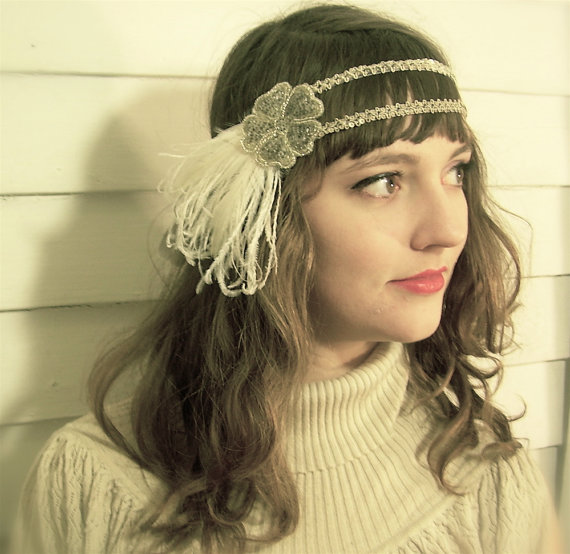 Hochzeit - minerva - flapper headband of vintage silver trim and 1920's hand beaded flower with cruelty free ivory feathers- made to order