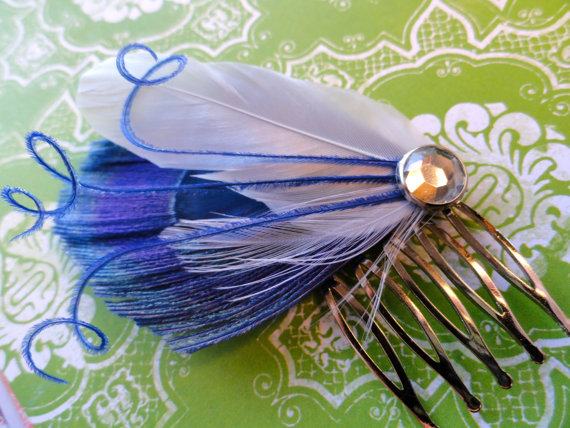Wedding - ATHENA Royal Blue Peacock Feather Hair Comb, Fascinator