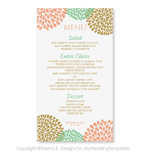 Свадьба - Wedding Menu Card Template - DOWNLOAD INSTANTLY - Edit Yourself - Chrysanthemum (Peach, Mint & Gold) 4 x 7 - Microsoft Word Format