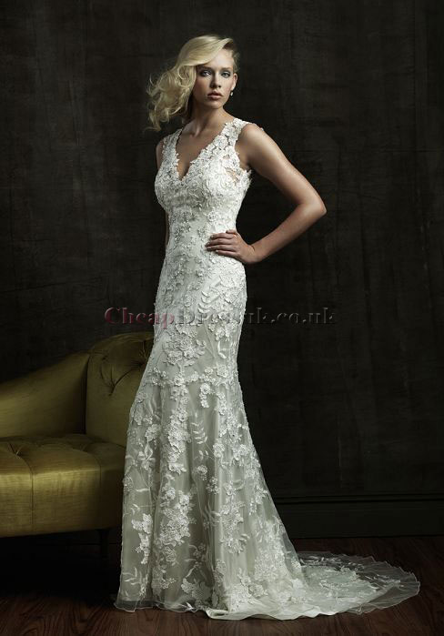 Mariage - lace sheath/column v-neck sleeveless natural waist court train wedding dress - Cheap-dressuk.co.uk