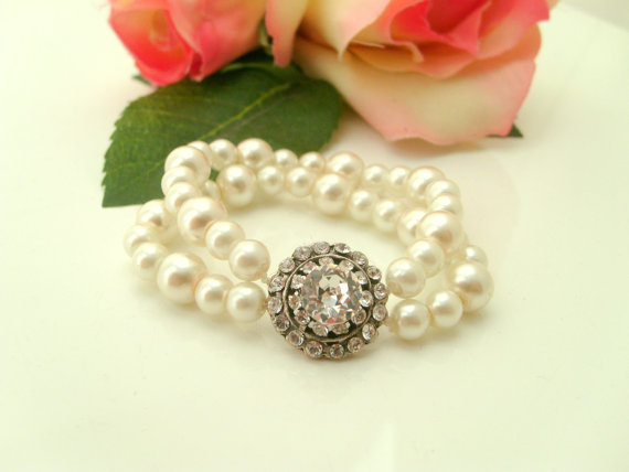Hochzeit - Vintage style Art deco swarovski crystal flower girl gift stretchy cuff bracelet for little princess' wedding jewelry cuff bracelet