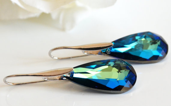 زفاف - Swarovski bermuda blue earrings tarnish resistant silver rhodium plated over brass earrings wedding jewelry bridal jewelry bridesmaid gifts