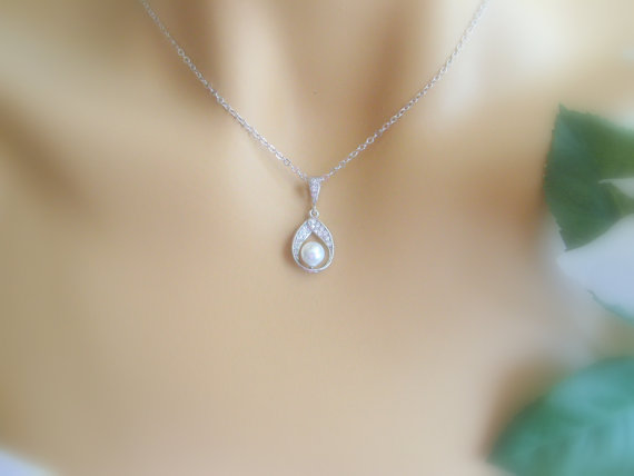 زفاف - 925 sterling silver post earrings and 925 sterling silver chain necklace with sea pearls and white gold cz drops bridal jewelry set