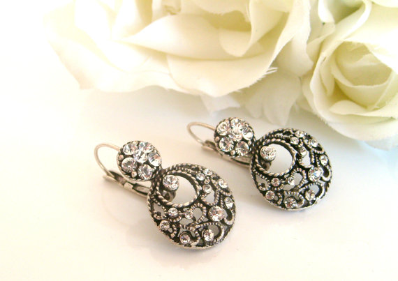 Hochzeit - Vintage inspired art deco swarovski crystal rhinestone leverback earrings wedding jewelry bridal jewelry bridesmaid gifts birthday gifts