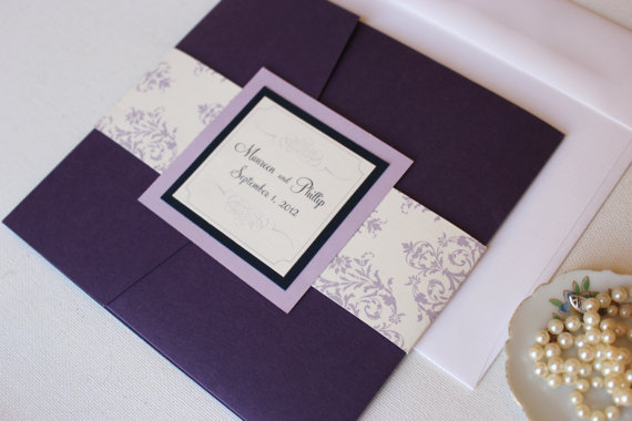 Wedding - Purple Pocket Fold Wedding Invitations, Purple and Lavender Invites, Purple Damask Invitations,  - "J'adore" Pocketfold Invitation Sample