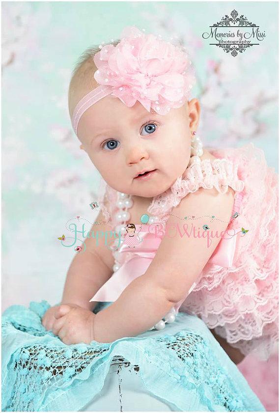 Mariage - Flower girl headband- Large Baby Pink Tutu Dots Flower headband, baby girls Headband, newborn headband,Girls headbands,baby headband,wedding