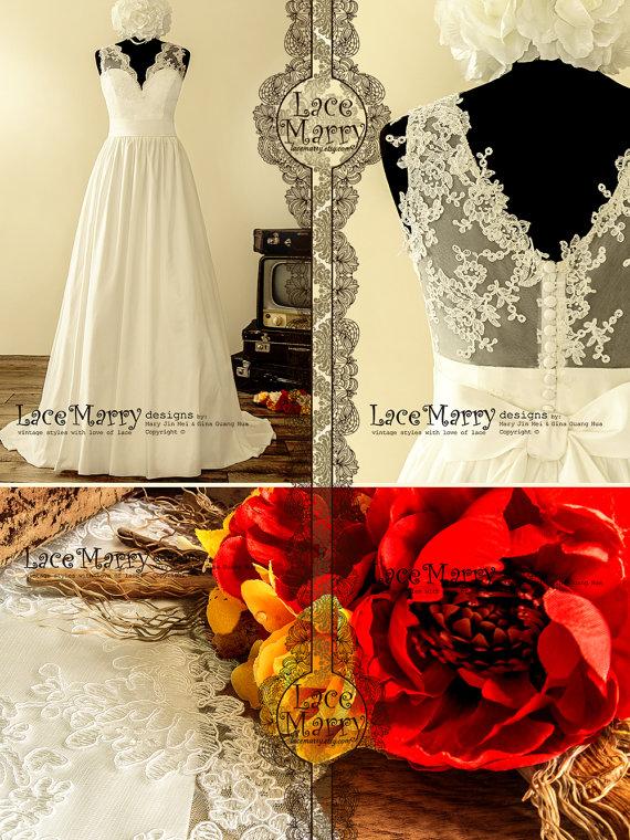 زفاف - Dreamlike Lace Wedding Dress in A Line Style with Deep V Neckline and Sheer Back Featuring Taffeta Skirt with Train and Long Removable Sash