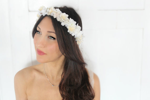 Mariage - Romantic Flower Crown, Ivory Wedding Flower Headband, hair flower, fairy wedding hair, hair accessory, flower girl - MICHELLE- by DeLoop