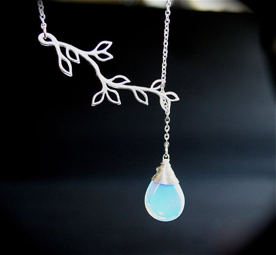 Wedding - Opalite Moonstone Necklace, Lariat Necklace with Silver Branch, Sterling Silver, Lariat Necklace, Gift, Bridesmaids Necklaces