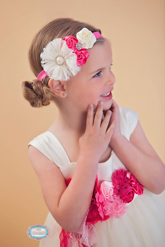 Wedding - Hot Pink and Ivory Headband - Couture Headband - Flower Girl Pink Headband - Pink Wedding - Ivory and Hot Pink - Ivory Headband