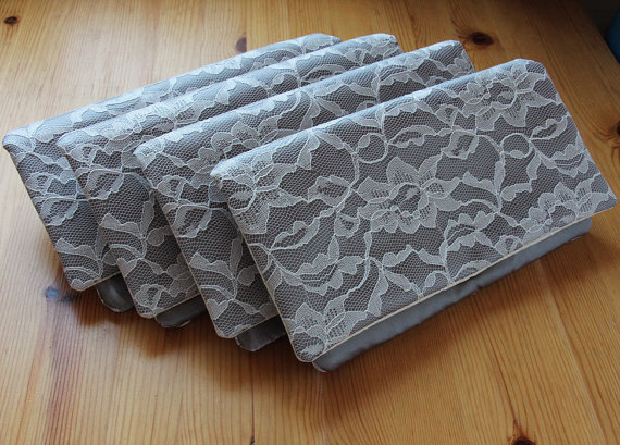Hochzeit - Silver Wedding Clutches, 4 Bridesmaid Clutches - Gunmetal Silver and Ivory Lace Wedding Clutch - Pick Your Own Fabric and Lace