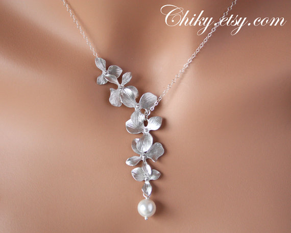زفاف - Orchid necklace with Single Pearl, STERLING SILVER, wedding necklace, bridesmaid gifts, bridal gift, wedding jewelry - mothers day gifts