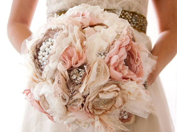 Mariage - Brooch Bouquet, Fabric Wedding Bouquet, Silk flower style Cabbage Roses with rhinestone and pearl brooches, Shabby Chic Bouquet by Cultivar