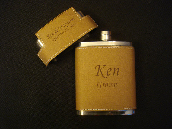 Wedding - 10 Personalized Leather Wrapped Travel Flask Sets with 3 Shot Glasses -  Great gift for Groomsmen