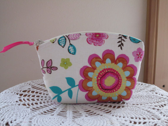 Wedding - Shabby Chic Cosmetic Bag Clutch Zipper Purse Colorful Flowers  Made in the USA Bridal Wedding
