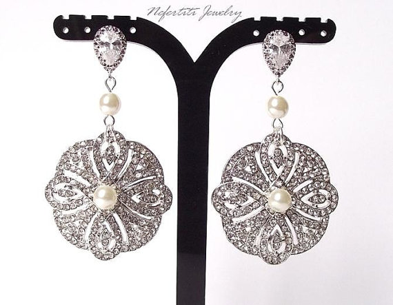 Wedding - Art Deco Bridal earrings, Chandelier Wedding Earrings,Vintage style Pearl Bridal Earings, Crystal Wedding Earings, Chandelier earrings