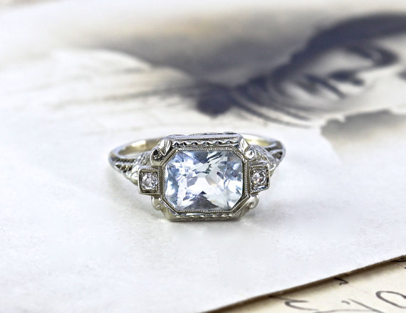 Wedding - Antique 18k Aquamarine & Diamond Ring, 18k White Gold, Circa 1920 Engagement Statement Anniversary Mother's Day Gift, Bride Bridal Jewelry