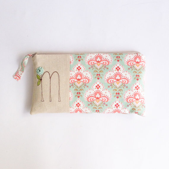 Свадьба - Custom Initial Clutch, Bridesmaid Wedding Gift, Personalized with Monogram, Pastel Mint and Coral Letter M, MADE to ORDER MamaBleuDesigns