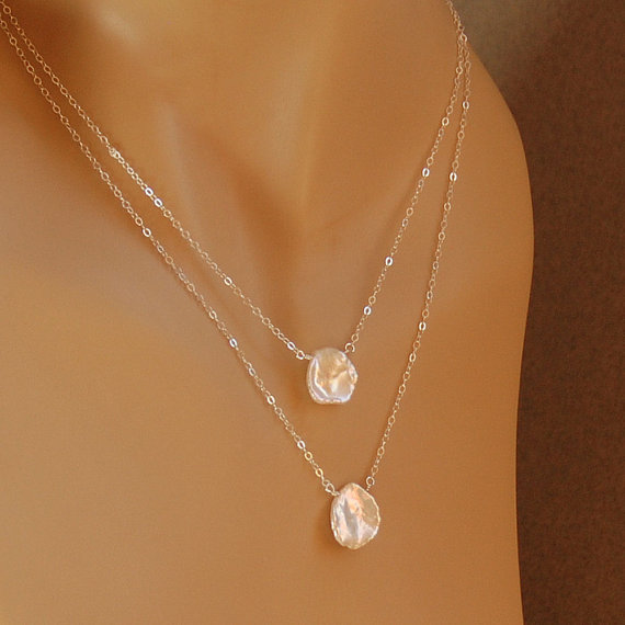 Wedding - Double Strand Petal Pearl Necklace, Bridal Necklace, Wedding Necklace, Bridesmaid, Keshi Pearl Necklace,  Freshwater Pearl, Sterling Silver