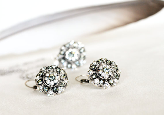 Hochzeit - art deco clear crystal grey swarovski rhinestone necklace earrings wedding jewelry bridal jewelry bridesmaids jewelry set