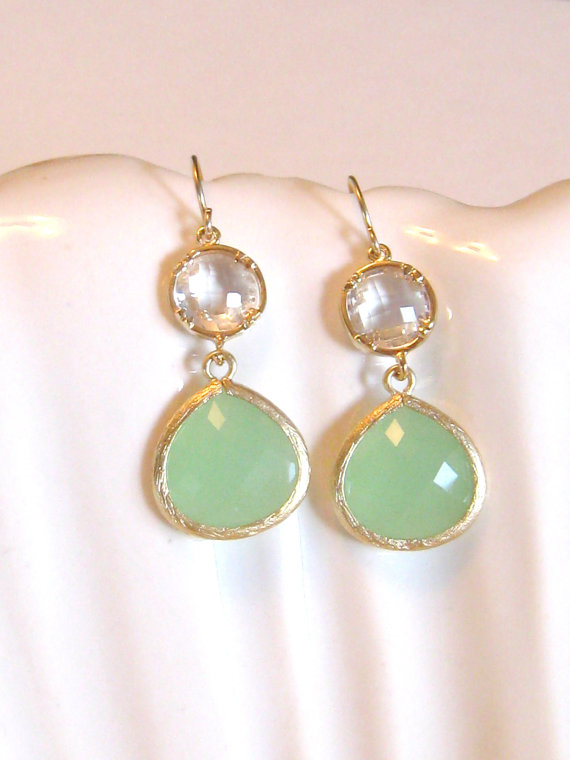 Hochzeit - Mint Earrings Gold Earrings Green Clear Quartz Dangle Gold Drop Crystal Bridal Jewelry Mint Bridesmaid Earrings Gift Mint Spring Wedding