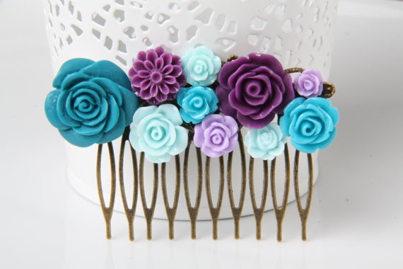 Mariage - Bridal Hair comb, peacock blue and purple hair comb, Prom hair accessories, peacock wedding hair comb, wedding accessories, Prom accessorie