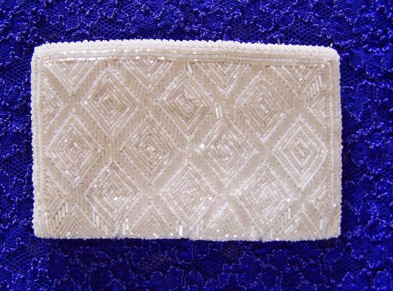Wedding - Beaded clutch bag white wedding bridal party 60s pearls