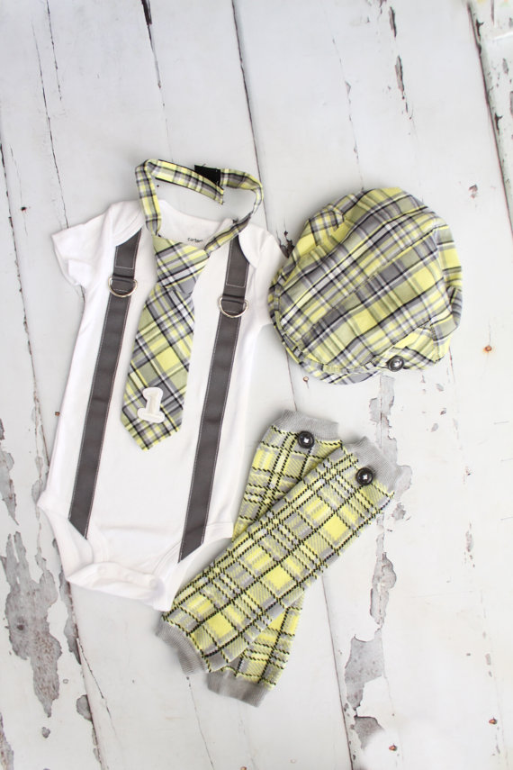 Wedding - Baby Boy 1st or 2nd Birthday Outfit Complete set of 4 Items. Gray Yellow Arayle Plaid Tie w Number 1 or 2, Button Leg Warmers, & Newsboy Hat