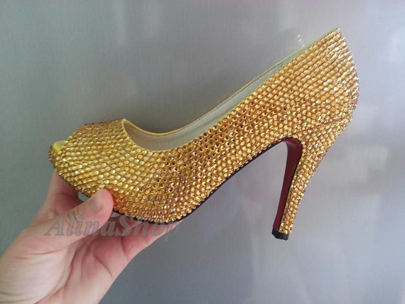 Свадьба - Gold crystals wedding shoes open toe heels 4 inch peep toe bridal shoes bling crystals handmade custom heels gold rhinestone stones
