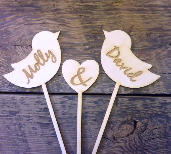 Wedding - Personalized Wedding Cake Topper Sign Love Birds Engraved Wood Signs Custom Photo Props Mr and Mrs YOUR NAMES