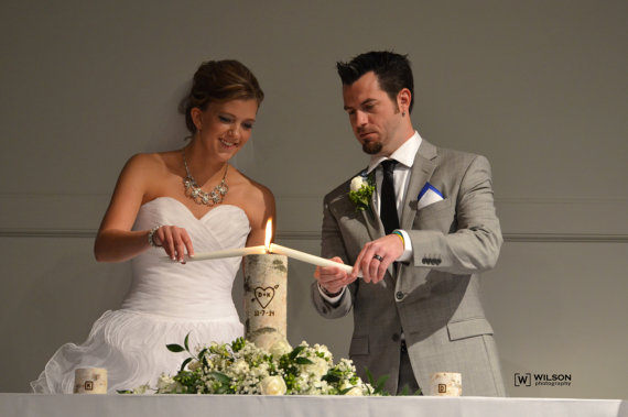زفاف - Personalized Unity Birch Candle Holder Set with Wedding Date, Rustic Unity Candle