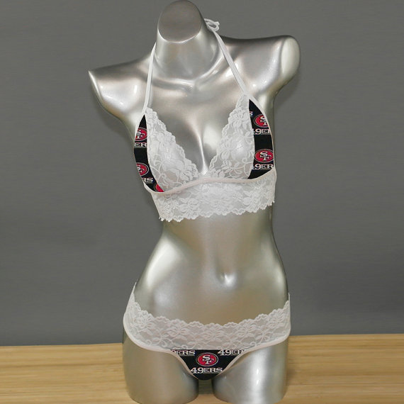 Hochzeit - Sexy handmade with NFL San Francisco 49ers fabric with white scallped lace accent top with matching G string panty lingerie set