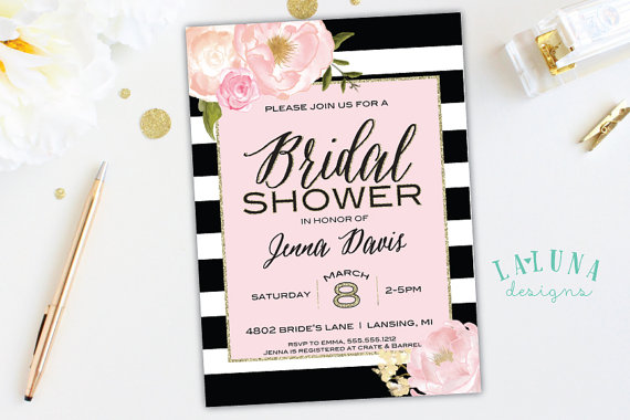 Hochzeit - Bridal Shower Invitation, Floral Black & White Stripe Bridal Shower Invite, Pink and Gold Glitter Bridal Shower, Printable