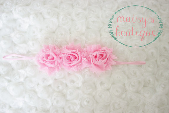 Свадьба - Mini Baby Pink Flower Headband/ Shabby Flower Headband/ Newborn Headband/ Baby Headband/ Flower Girl/ Wedding/ Photo Prop