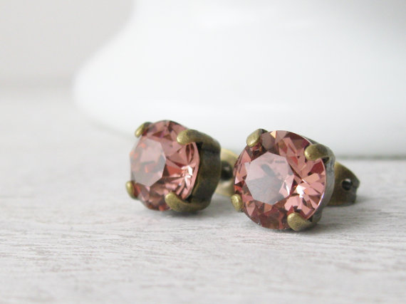 Mariage - Blush Rose Stud Earrings, Rustic Bridal, Peach Pink, Rustic Bridesmaid Earrings, Classic Studs, Antique Brass, Summer Wedding Jewellery