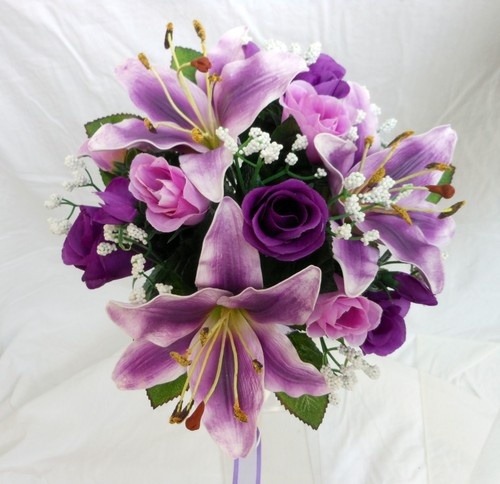 زفاف - Bridesmaids Wedding Bouquet, Purple Tiger Lillies, Ivory & Purple Roses