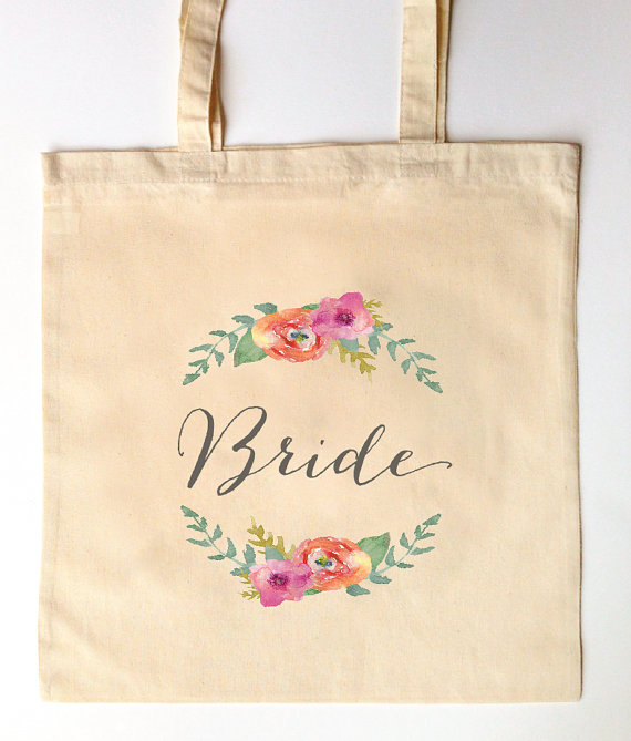 Wedding - Custom Printed Bridal Party - Bridesmaid, Maid of Honor, Flower Girl Tote Bags for Weddings - Calligraphy and Watercolor Florals