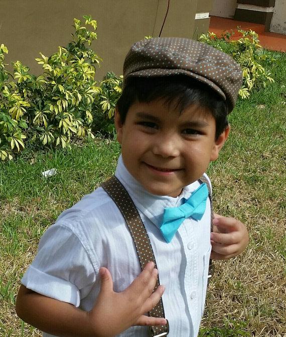 Wedding - Baby boy flat cap suspenders and bow tie set, newsboy hat set, suspenders hat and bow tie set, smash cake set  brown and aqua