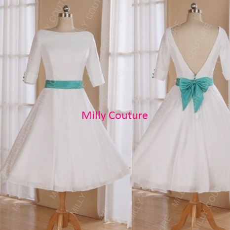 Hochzeit - Simplicity Boat neck 1950s low back tea length wedding dress with 3/4 sleeves, rockabilly short wedding dress, 50s inspired wedding dress