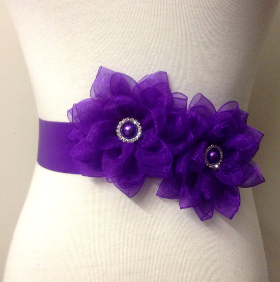 زفاف - Bridal Flower Sash-Purple Sash-Wedding Flower Sash-Bride Flower Sash-Bride Belt-Ribbon Satin Belt-Luxurious Lotus Organza Flower Sash