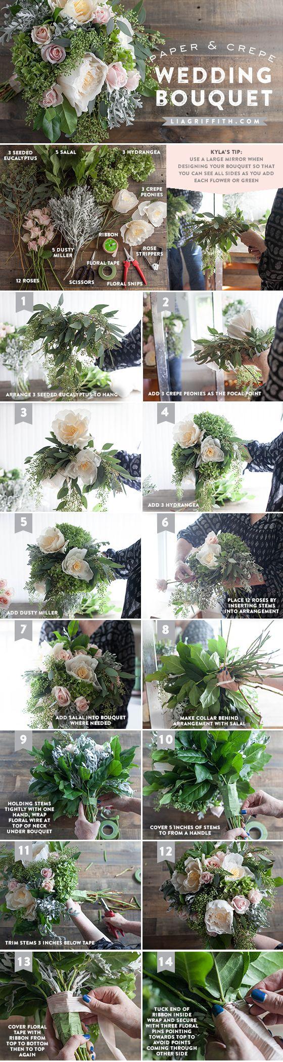 Hochzeit - DIY Bridal Bouquet With Fresh And Crepe Paper Flowers