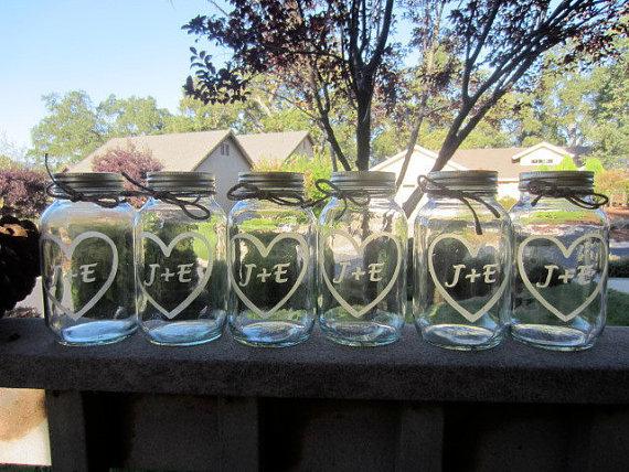 زفاف - 6 Etched Mason Jars -6 Wedding Mason Jar Center Pieces