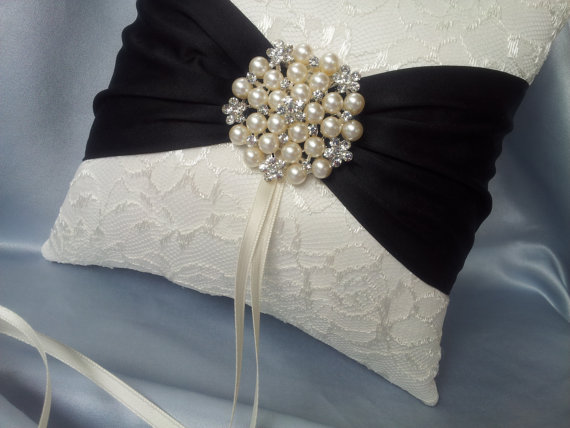 Hochzeit - Ivory Black Ring Bearer Pillow Lace Ring Pillow Pearl Rhinestone Accent