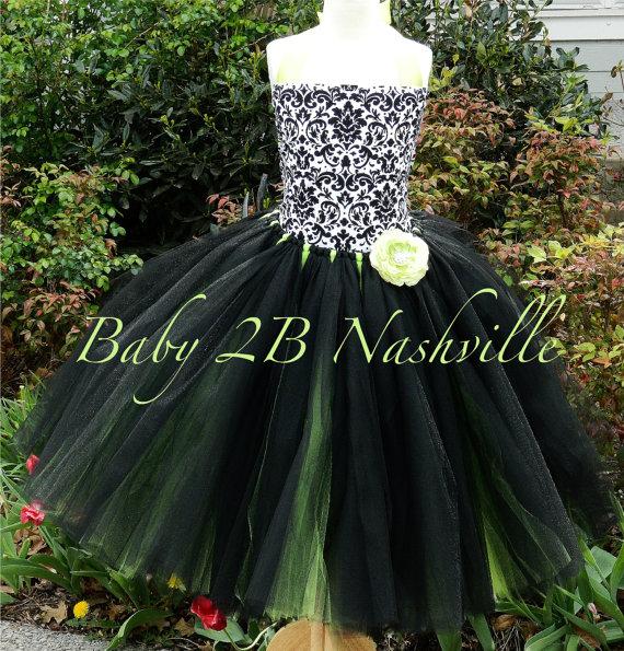 Свадьба - Damask  Flower Girl Dress, Wedding Flower Girl  Dress, Black and Lime Dress,Wedding Flower Girl Tutu Dress Baby to Girls 9-10