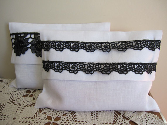 Mariage - Black white themed wedding decor ideas,favor,set of Bridesmaid gifts clutch with pashmina shawl scarf/linen and lace favor bag Nurdanceyiz