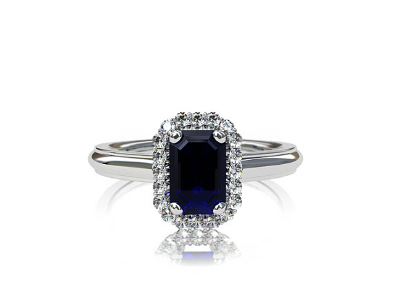 زفاف - Emerald cut blue sapphire halo ring, white gold ring, emerald cut sapphire, blue engagement, vintage style, unique, diamond halo, wedding