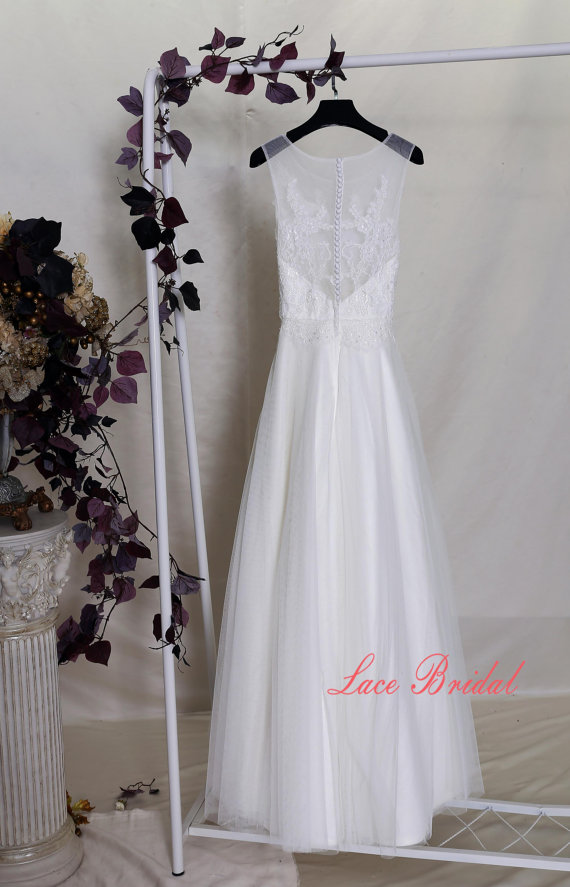 Wedding - Gorgeous Lace Wedding dress, Bateau Neck Bridal gown, Simple Ivory Wedding gown, A-line wedding dress,veil