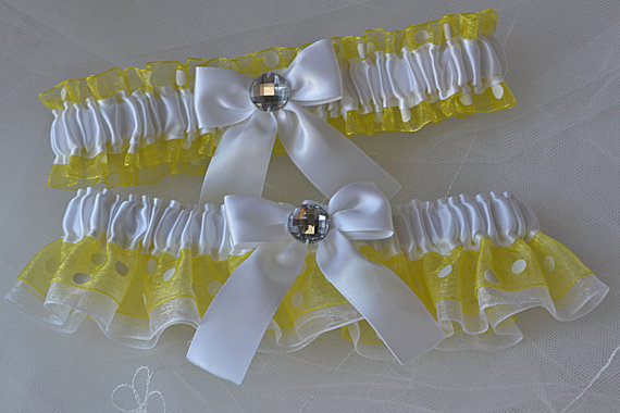 Hochzeit - Wedding Garter Set - White and Yellow Polka Dotted Garters