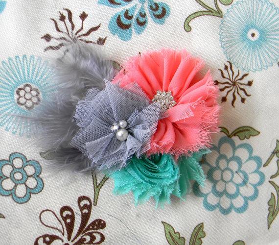 Hochzeit - Feather hair accessory Coral Pink Chiffon Flower aqua shabby chiffon Flower grey tullle Flower gray feathers hair clip flower girl wedding